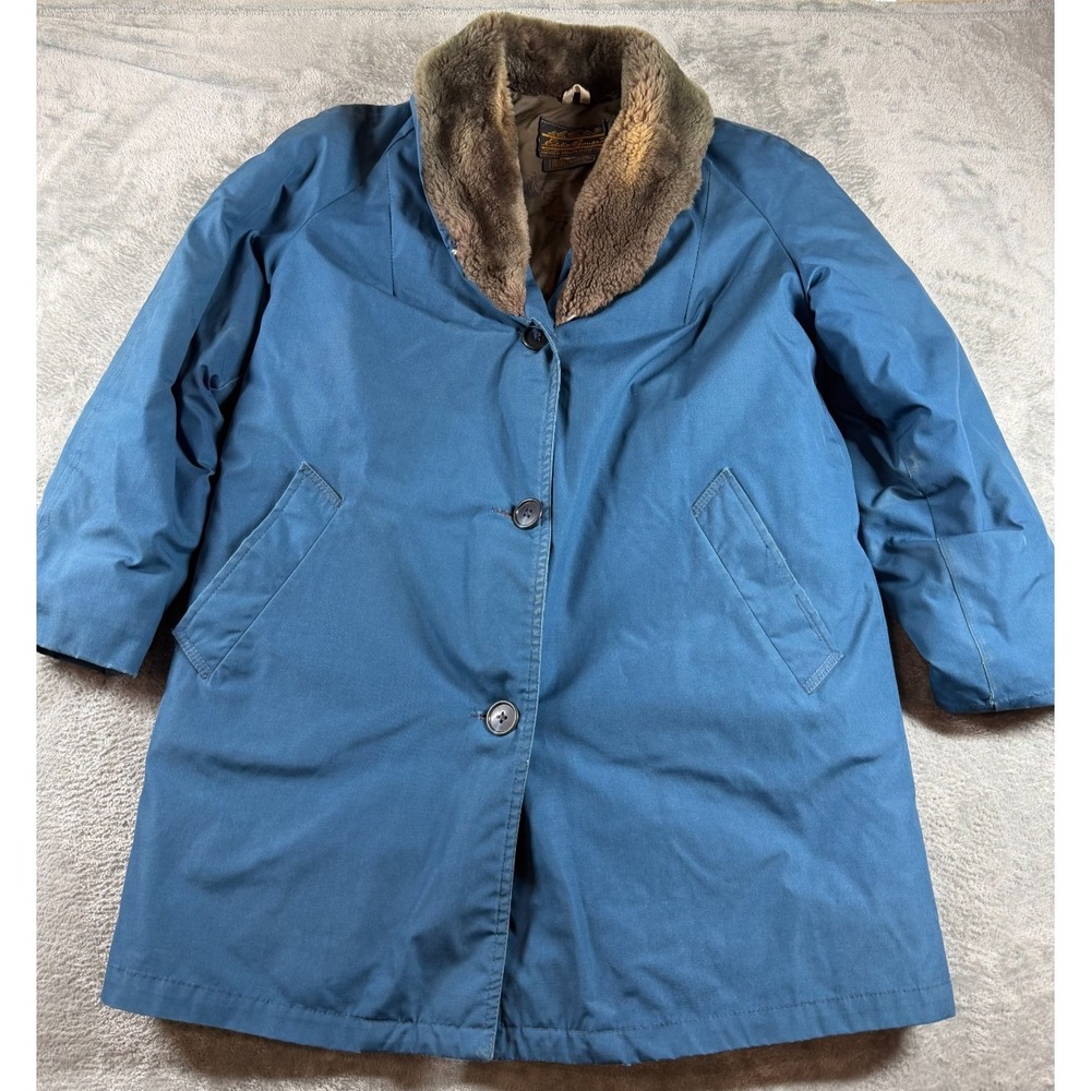 Vtg Eddie Bauer Goose Down Coat Sherpa Collar Blue USA See Measurements